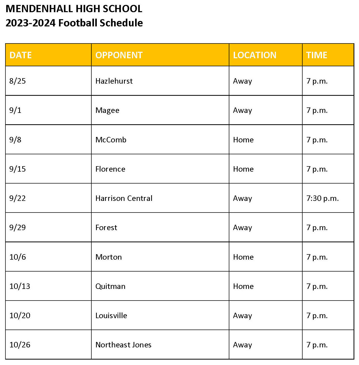 Mendenhall High School 2023-2024 Football Schedule 